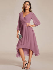 Custom Size Elegant Long Sleeve V-Neck High Low Chiffon Wedding Guest Dress