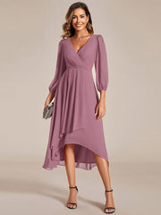 Custom Size Elegant Long Sleeve V-Neck High Low Chiffon Wedding Guest Dress