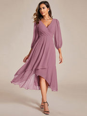 Custom Size Elegant Long Sleeve V-Neck High Low Chiffon Wedding Guest Dress