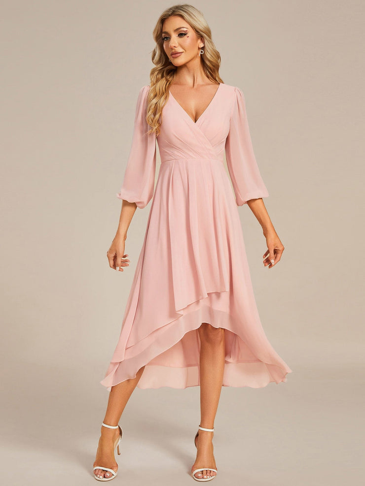 Custom Size Elegant Long Sleeve V-Neck High Low Chiffon Wedding Guest Dress