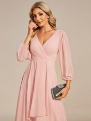 Custom Size Elegant Long Sleeve V-Neck High Low Chiffon Wedding Guest Dress