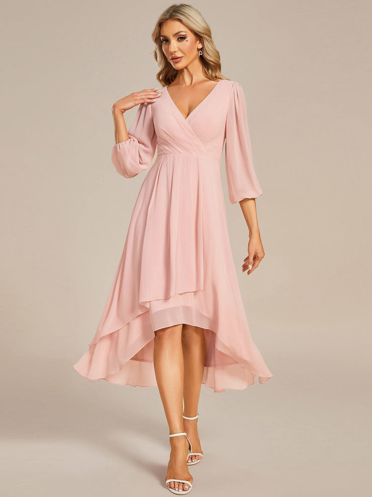 Custom Size Elegant Long Sleeve V-Neck High Low Chiffon Wedding Guest Dress