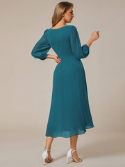 Custom Size Elegant Long Sleeve V-Neck High Low Chiffon Wedding Guest Dress