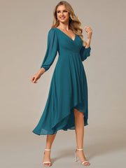 Custom Size Elegant Long Sleeve V-Neck High Low Chiffon Wedding Guest Dress