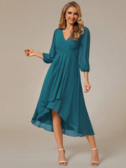 Custom Size Elegant Long Sleeve V-Neck High Low Chiffon Wedding Guest Dress