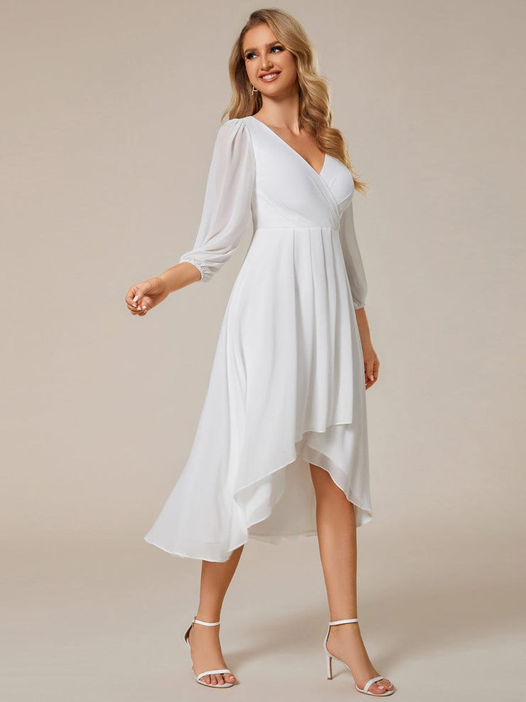 Custom Size Elegant Long Sleeve V-Neck High Low Chiffon Wedding Guest Dress