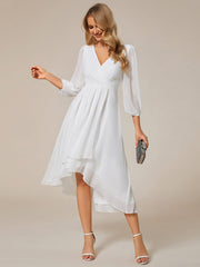 Custom Size Elegant Long Sleeve V-Neck High Low Chiffon Wedding Guest Dress