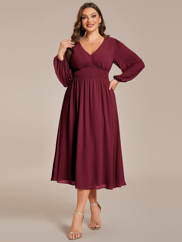 Plus Size Elegant V Neck Long Sleeves Midi Wedding Guest Dress