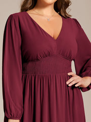 Plus Size Elegant V Neck Long Sleeves Midi Wedding Guest Dress