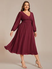 Plus Size Elegant V Neck Long Sleeves Midi Wedding Guest Dress