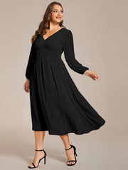 Plus Size Elegant V Neck Long Sleeves Midi Wedding Guest Dress