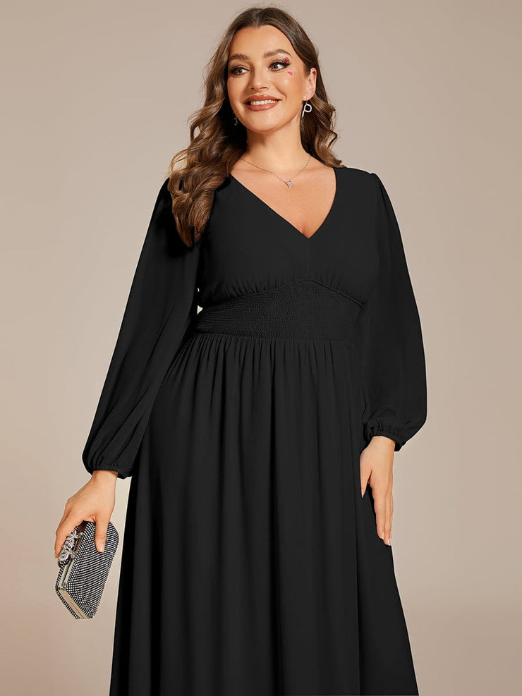 Plus Size Elegant V Neck Long Sleeves Midi Wedding Guest Dress