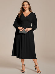 Plus Size Elegant V Neck Long Sleeves Midi Wedding Guest Dress