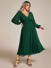 Plus Size Elegant V Neck Long Sleeves Midi Wedding Guest Dress