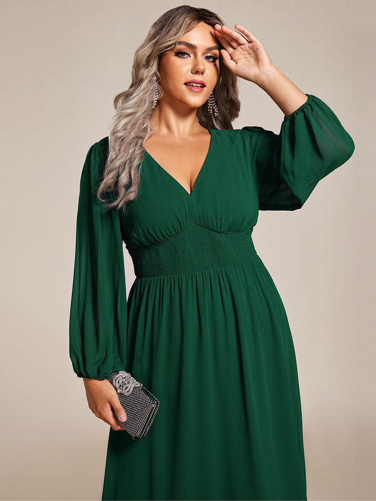 Plus Size Elegant V Neck Long Sleeves Midi Wedding Guest Dress