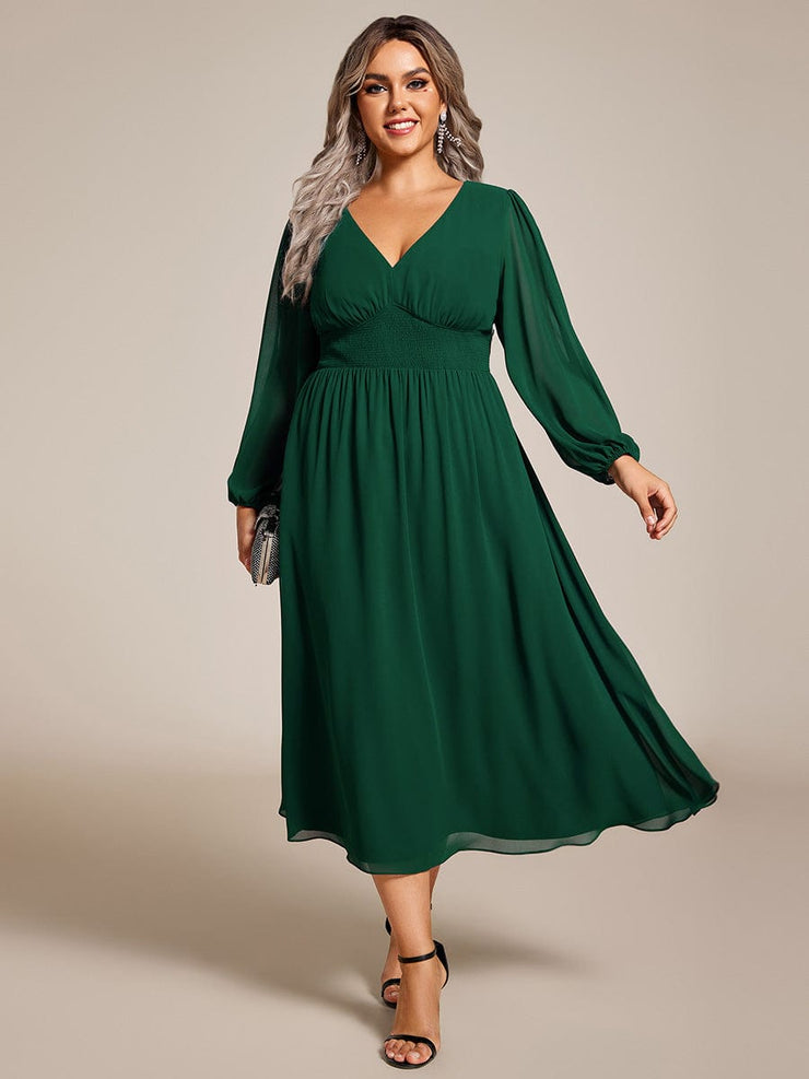 Plus Size Elegant V Neck Long Sleeves Midi Wedding Guest Dress