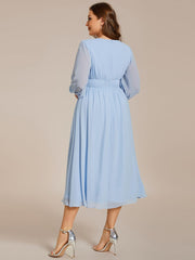 Plus Size Elegant V Neck Long Sleeves Midi Wedding Guest Dress