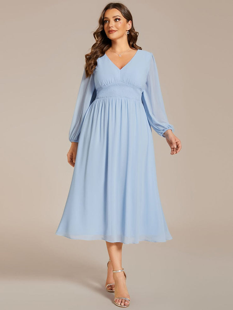 Plus Size Elegant V Neck Long Sleeves Midi Wedding Guest Dress