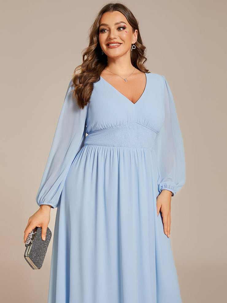 Plus Size Elegant V Neck Long Sleeves Midi Wedding Guest Dress