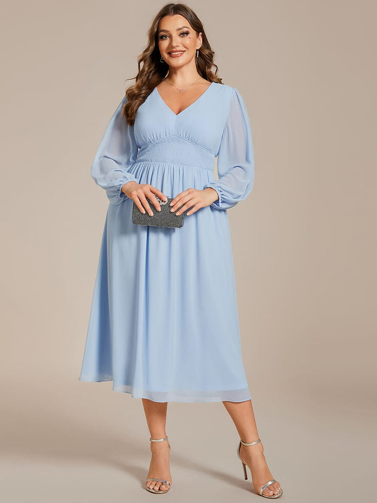 Plus Size Elegant V Neck Long Sleeves Midi Wedding Guest Dress