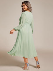 Plus Size Elegant V Neck Long Sleeves Midi Wedding Guest Dress