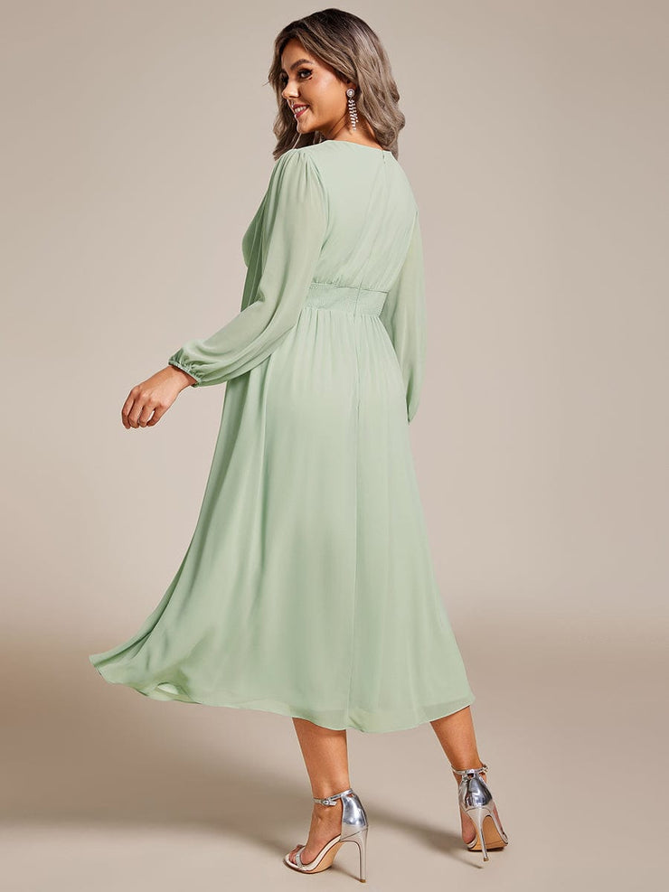 Plus Size Elegant V Neck Long Sleeves Midi Wedding Guest Dress