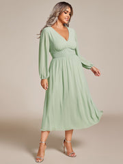 Plus Size Elegant V Neck Long Sleeves Midi Wedding Guest Dress