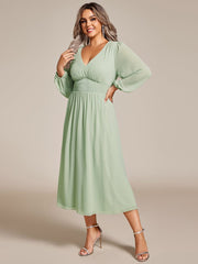 Plus Size Elegant V Neck Long Sleeves Midi Wedding Guest Dress