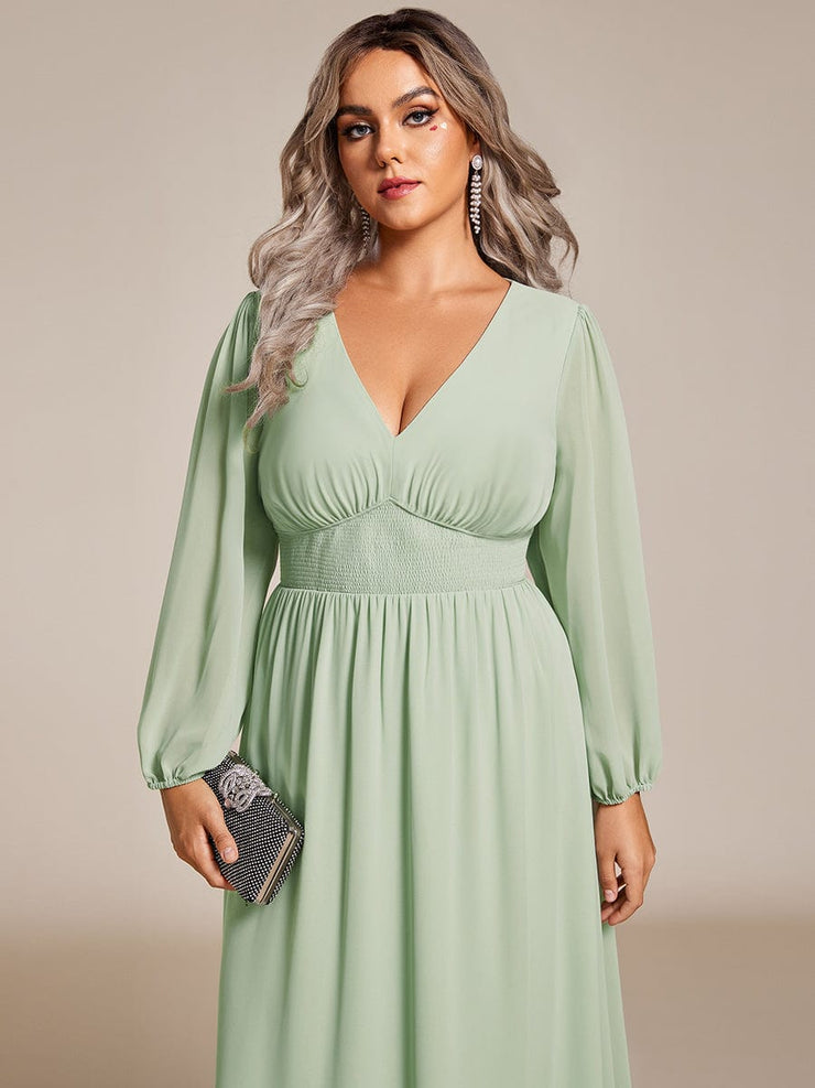 Plus Size Elegant V Neck Long Sleeves Midi Wedding Guest Dress