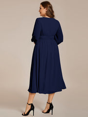 Plus Size Elegant V Neck Long Sleeves Midi Wedding Guest Dress