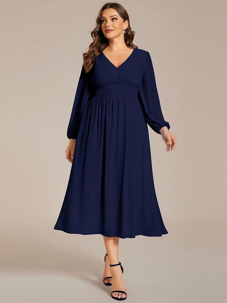 Plus Size Elegant V Neck Long Sleeves Midi Wedding Guest Dress