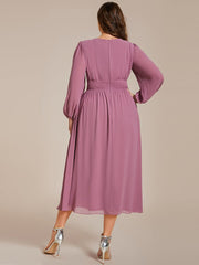 Plus Size Elegant V Neck Long Sleeves Midi Wedding Guest Dress