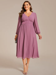 Plus Size Elegant V Neck Long Sleeves Midi Wedding Guest Dress