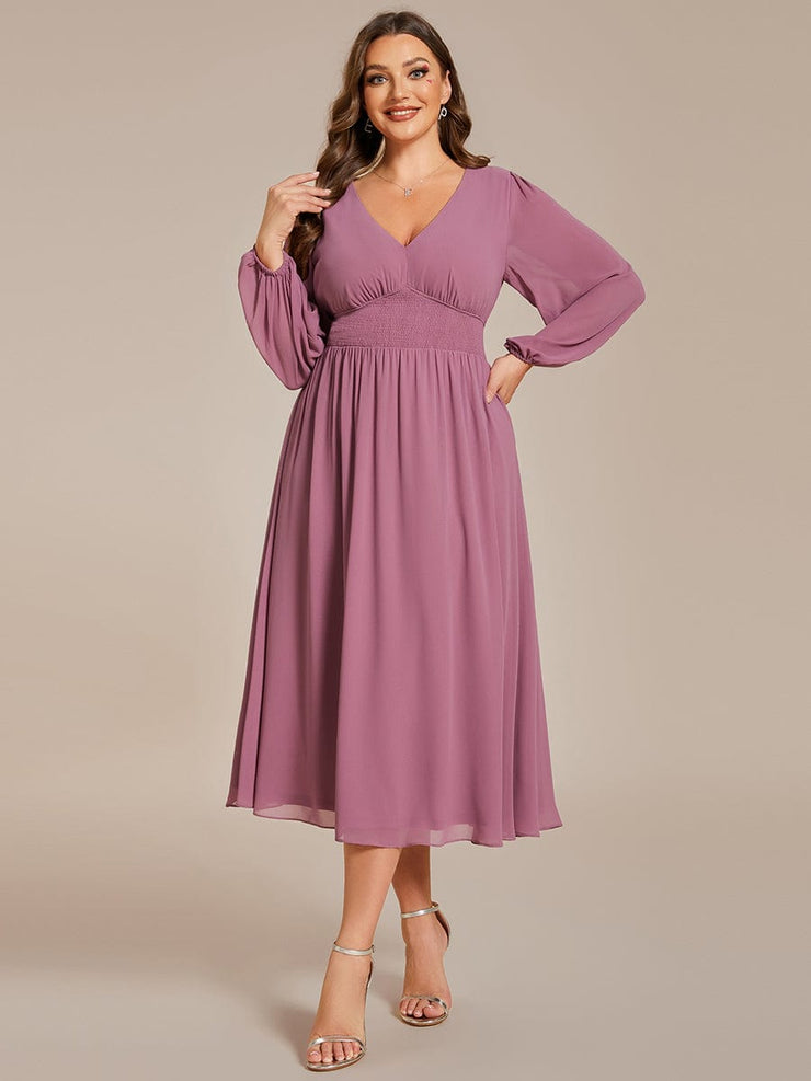 Plus Size Elegant V Neck Long Sleeves Midi Wedding Guest Dress