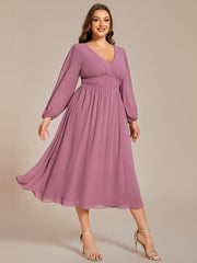 Plus Size Elegant V Neck Long Sleeves Midi Wedding Guest Dress