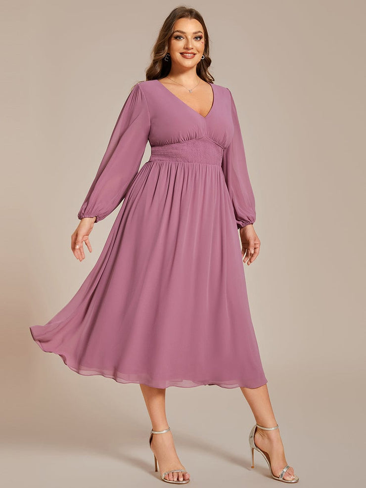 Plus Size Elegant V Neck Long Sleeves Midi Wedding Guest Dress