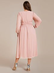 Plus Size Elegant V Neck Long Sleeves Midi Wedding Guest Dress