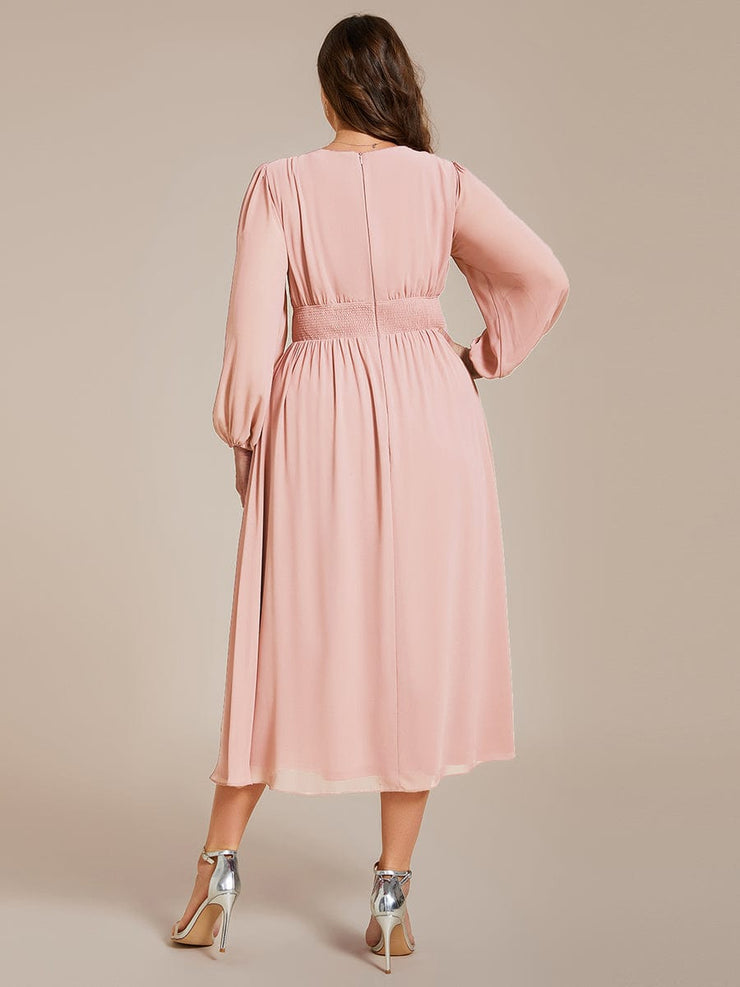 Plus Size Elegant V Neck Long Sleeves Midi Wedding Guest Dress