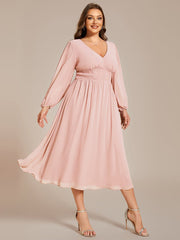 Plus Size Elegant V Neck Long Sleeves Midi Wedding Guest Dress