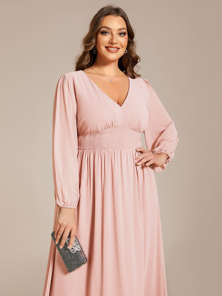 Plus Size Elegant V Neck Long Sleeves Midi Wedding Guest Dress