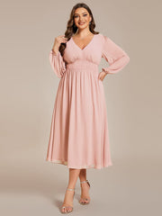 Plus Size Elegant V Neck Long Sleeves Midi Wedding Guest Dress