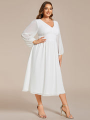 Plus Size Elegant V Neck Long Sleeves Midi Wedding Guest Dress