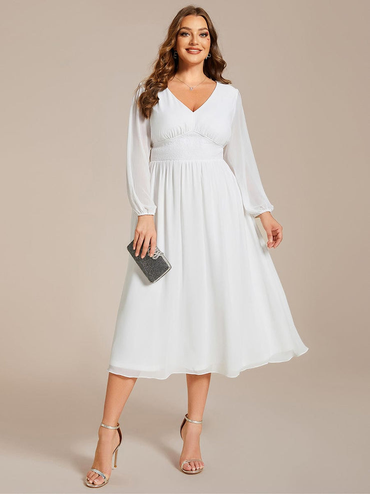 Plus Size Elegant V Neck Long Sleeves Midi Wedding Guest Dress