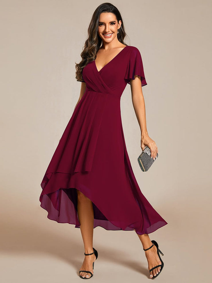 Custom Size Chiffon Elegance Short Sleeve High-Low Wedding Guest Dress