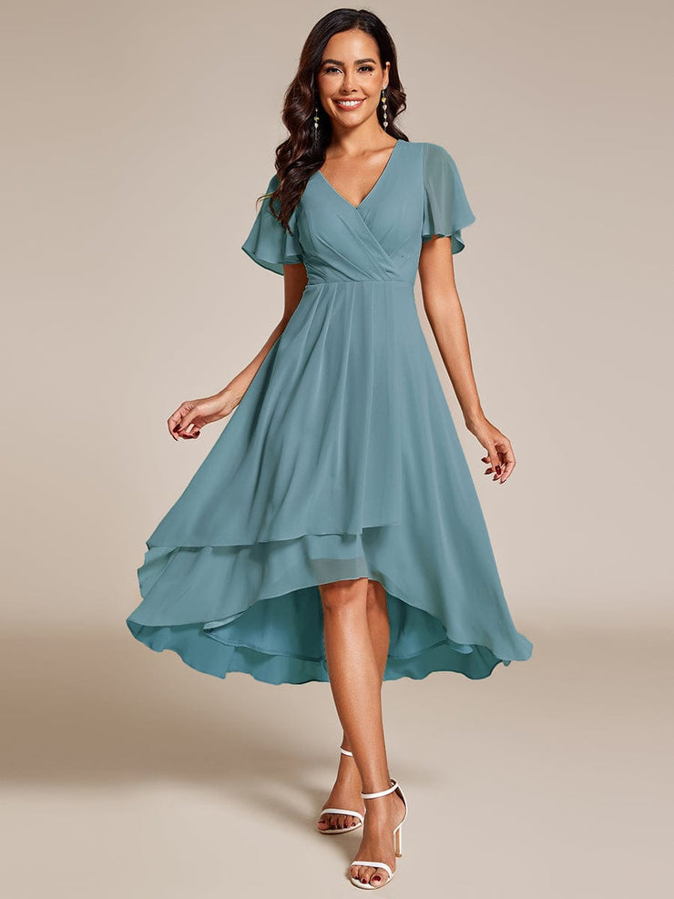 Custom Size Chiffon Elegance Short Sleeve High-Low Wedding Guest Dress