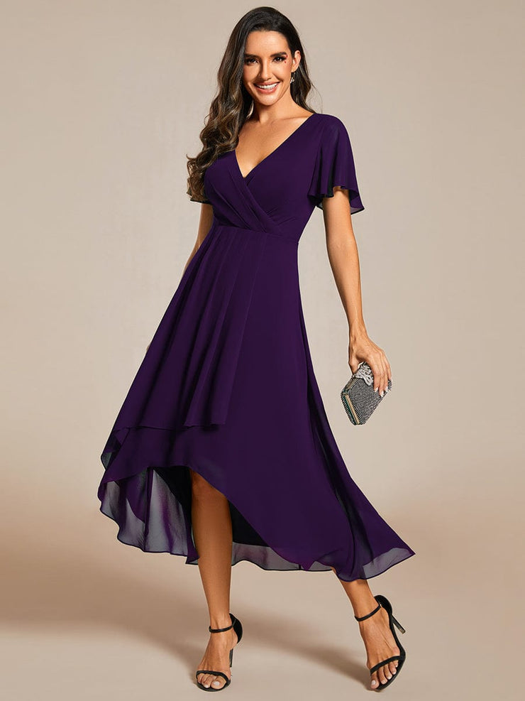 Custom Size Chiffon Elegance Short Sleeve High-Low Wedding Guest Dress