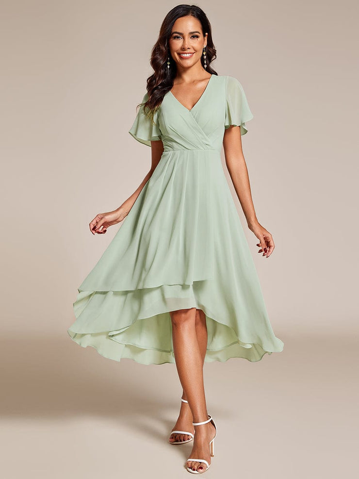 Custom Size Chiffon Elegance Short Sleeve High-Low Wedding Guest Dress