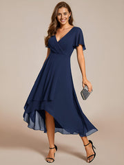 Custom Size Chiffon Elegance Short Sleeve High-Low Wedding Guest Dress