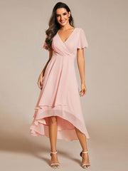 Custom Size Chiffon Elegance Short Sleeve High-Low Wedding Guest Dress