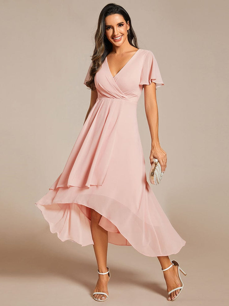 Custom Size Chiffon Elegance Short Sleeve High-Low Wedding Guest Dress